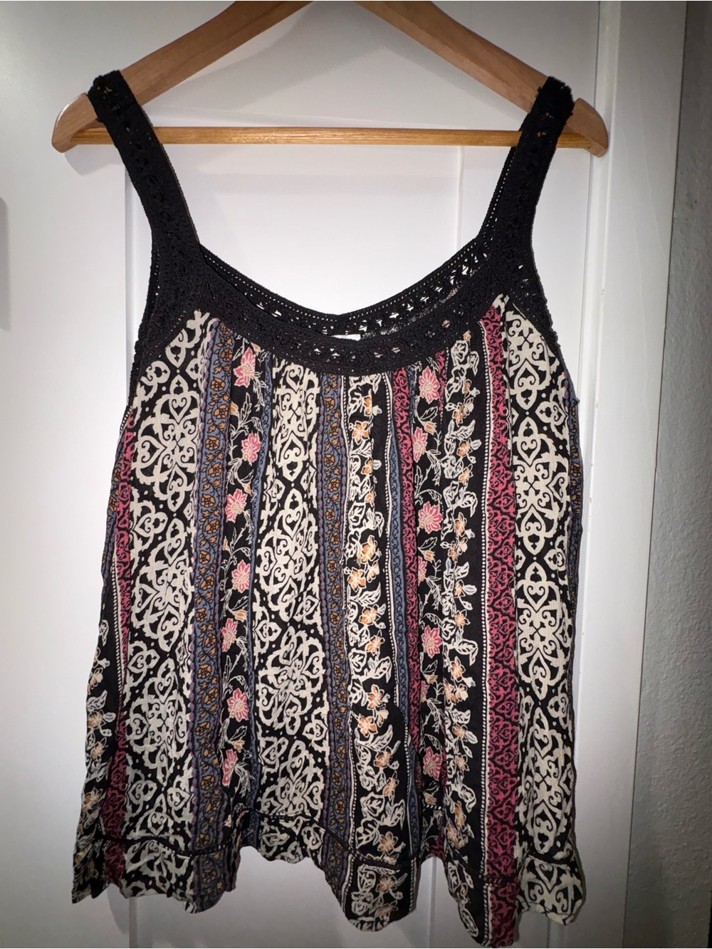 Pinky Black Multi-Print Crochet-Trim Camisole